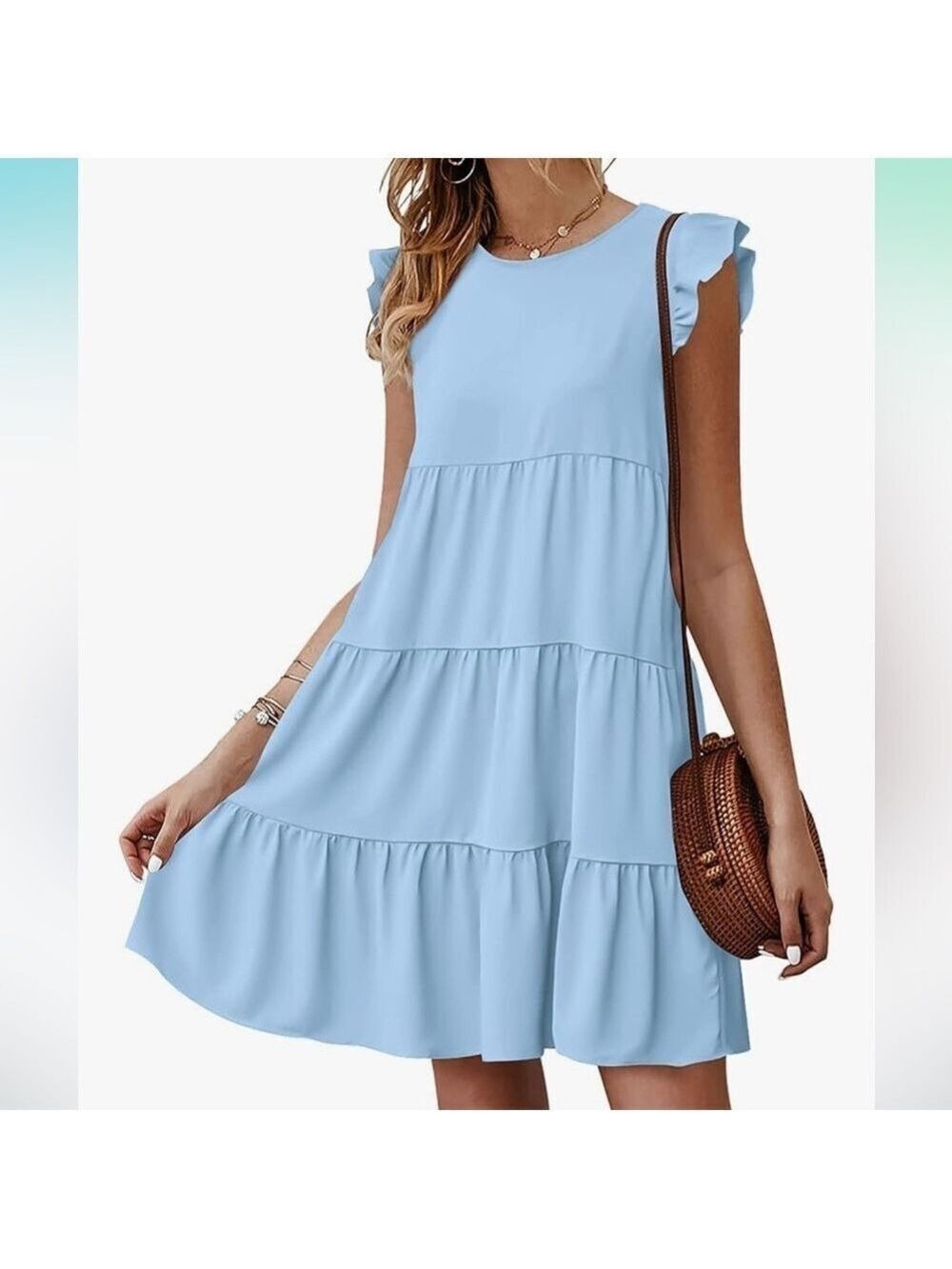 Elegant Sky Blue Ruffle Mini Dress